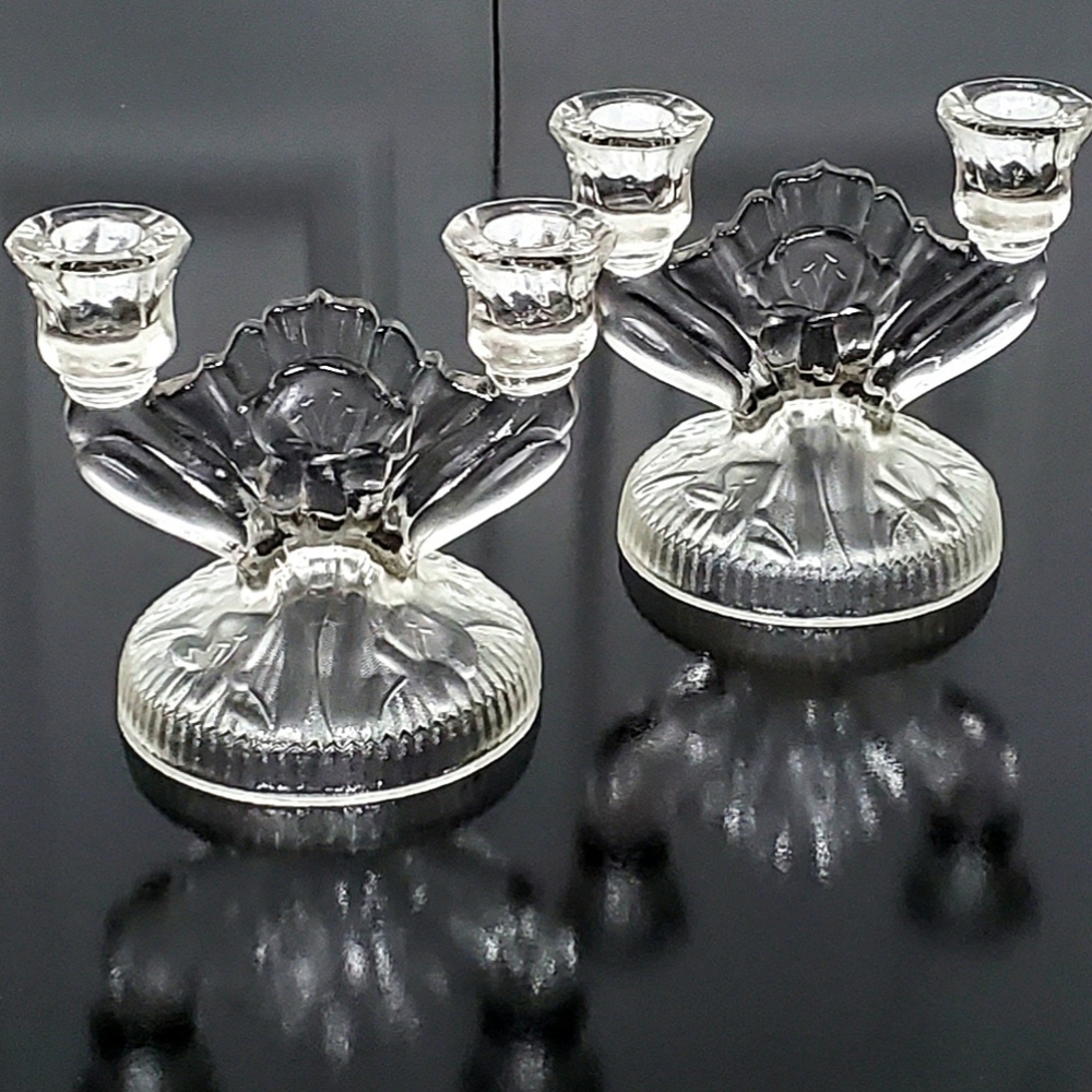 (2) Vntg "Iris Clear" Double Light Candlesticks by Jeannette